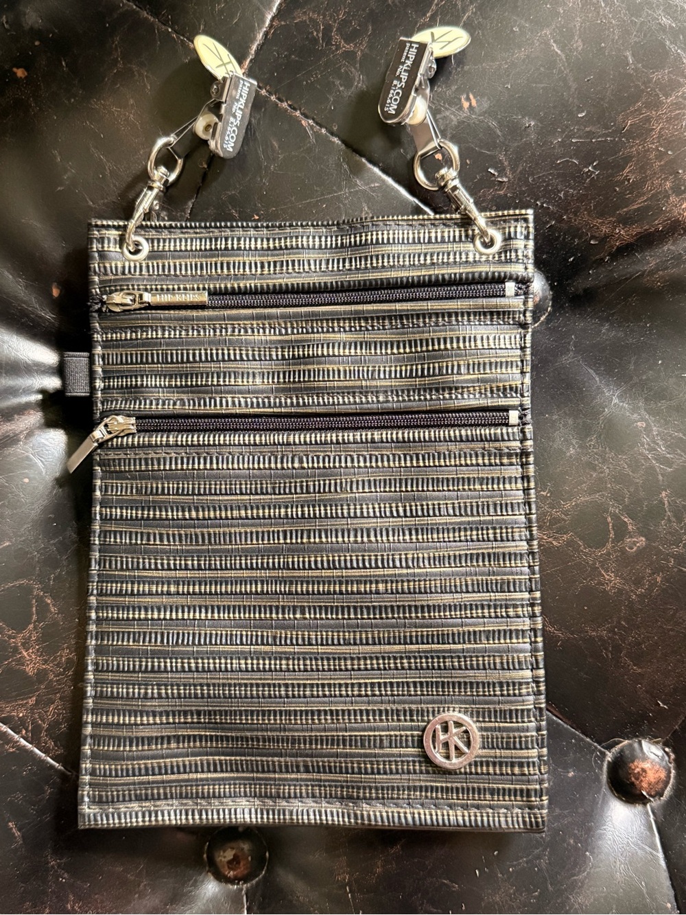 HK Hip Klips Striped Black and Silver Travel Crossbody Pouch